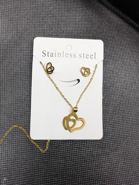 Golden Interlocking Hearts Necklace & Earrings Set