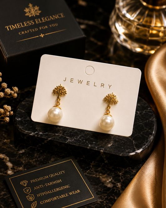 Golden Floral Pearl Drop Earrings