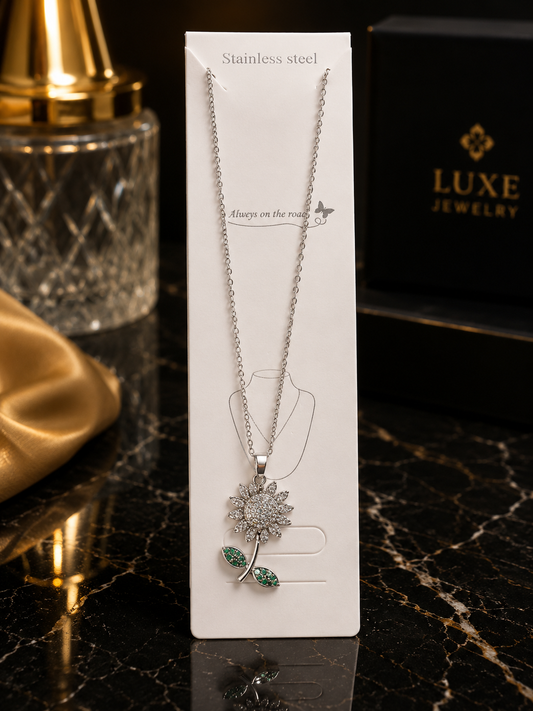 Sparkling Sunflower Green Leaf Pendant Necklace