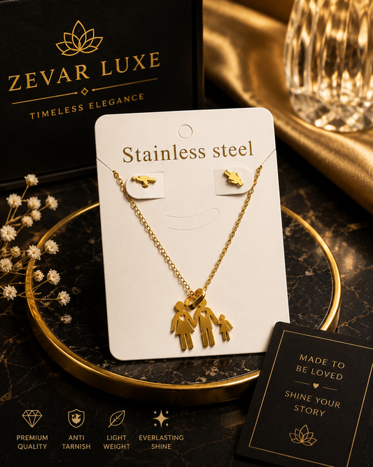 Golden Family Heart Stainless Steel Necklace &amp; Earrings Set