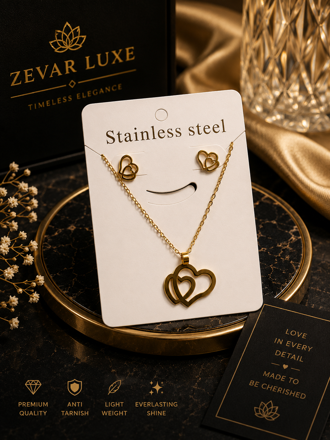 Golden Interlocking Hearts Necklace &amp; Earrings Set