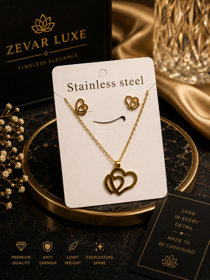 Golden Interlocking Hearts Necklace &amp; Earrings Set