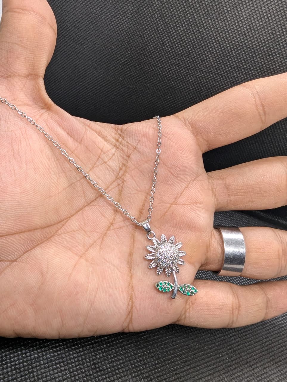Sparkling Sunflower Green Leaf Pendant Necklace