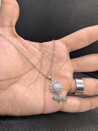 Sparkling Sunflower Green Leaf Pendant Necklace