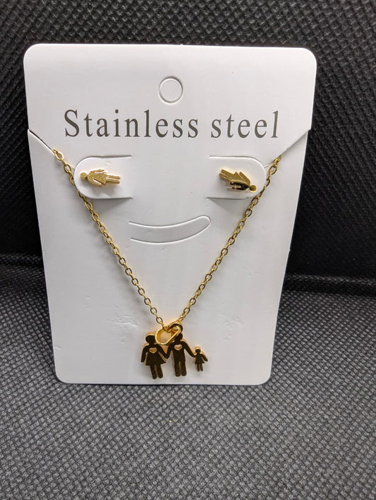 Golden Family Heart Stainless Steel Necklace &amp; Earrings Set