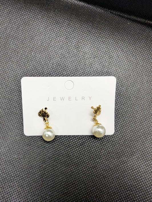 Golden Floral Pearl Drop Earrings
